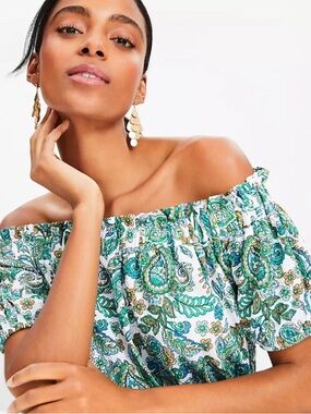 LOFT White Green Paisley Smocked Off-Shoulder Crop Blouse